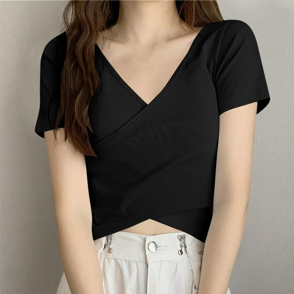 Women's Solid V Neck Short Sleeve Low Cut Casual Blouse T Shirt