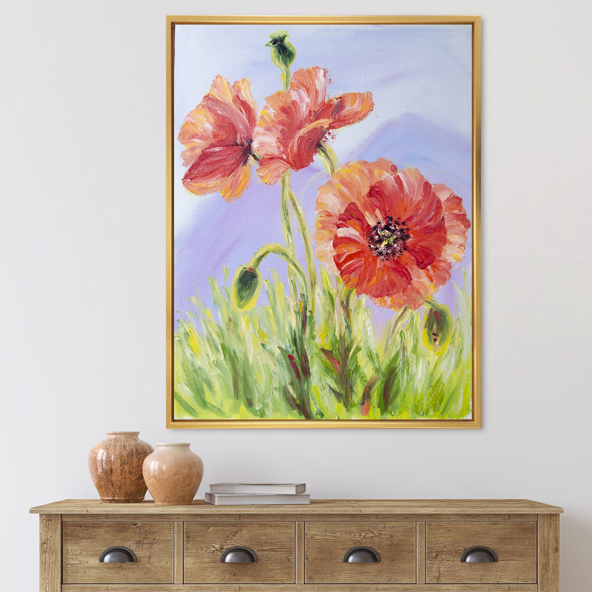 Designart 'Blossoming Poppies At Dawn' Traditional Framed Canvas Wall Art Print