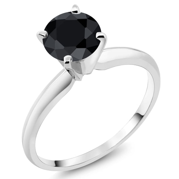 Gem Stone King 14K White Gold Black Sapphire Solitaire Engagement 4-Prong Ring for Women | 1.15 Cttw | Round 6MM | Gemstone September Birthstone (Size 5)