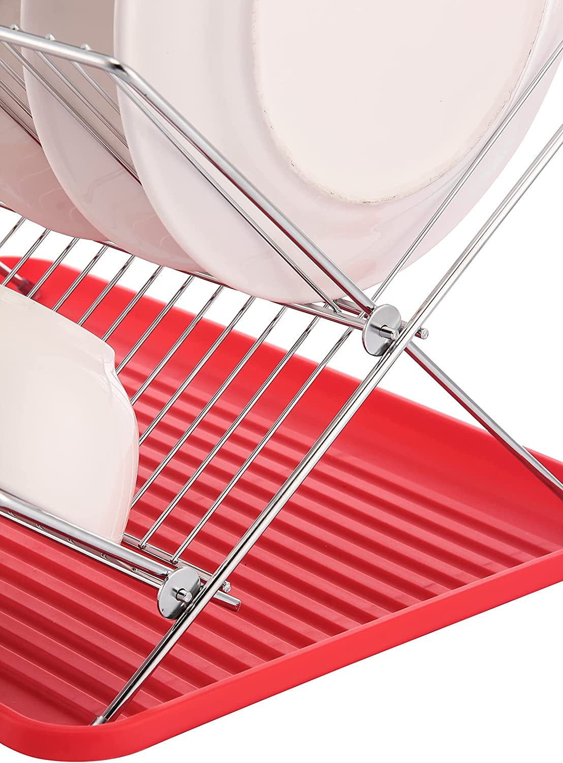 J&V TEXTILES Foldable Dish Drying Rack with Drainboard, Stainless Steel 2 Tier Dish Drainer Rack, Collapsible Dish Drainer, Folding Dish Rack for Kitchen Sink, Countertop, Cutlery, Plates Red