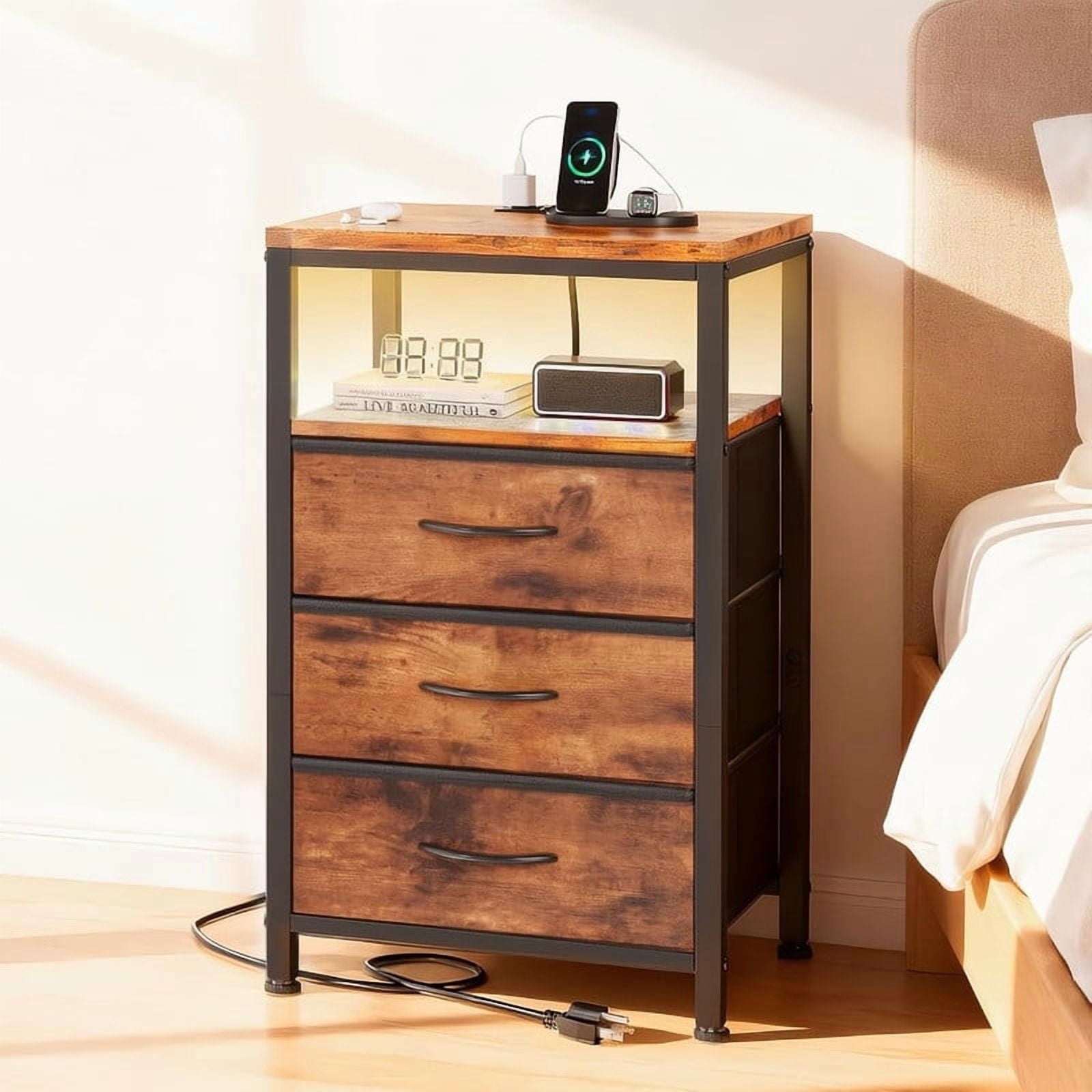 Nextay Nightstand with Charging Station, 3-Drawer Bedside Table with USB/Type-C Ports, AC Outlets & LED Light Strip, Adjustable Feet, Brown