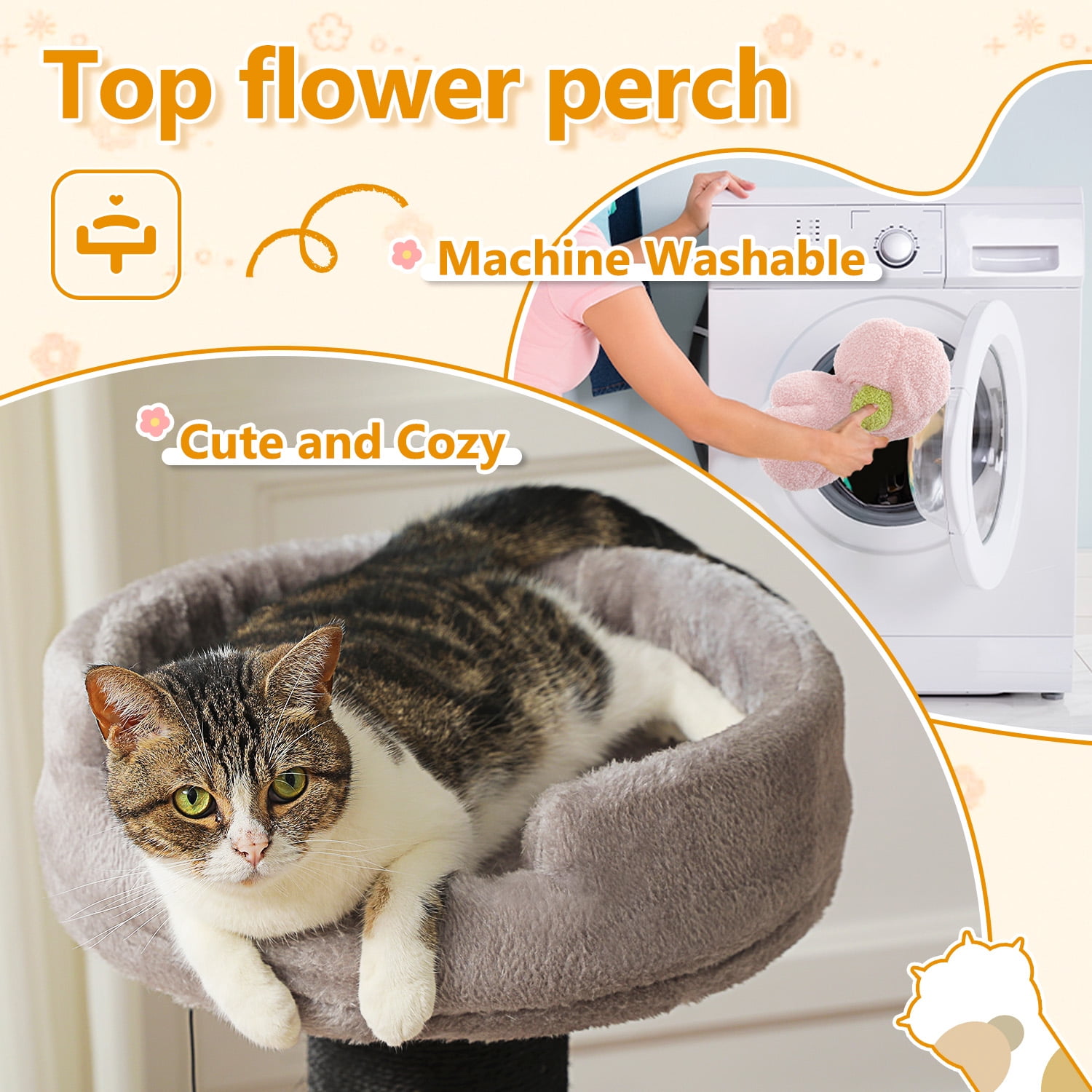 PEQULTI 36" Large Cat Scratching Post Tall Cat Scratcher for Indoor Pet  with Flower Perch Gray