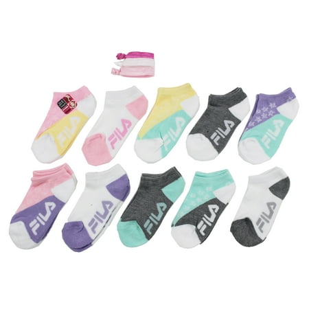 Fila Kids Girls 10-Pack No Show Socks with Hair Ties Colorblock - Pink, Girls Small Shoe Sizes 7-10