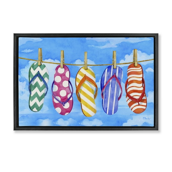 Stupell Industries Flip Flops on Clothesline Beauty & Fashion Painting Black Floater Framed Canvas Art Print Wall Art, 25 x 17