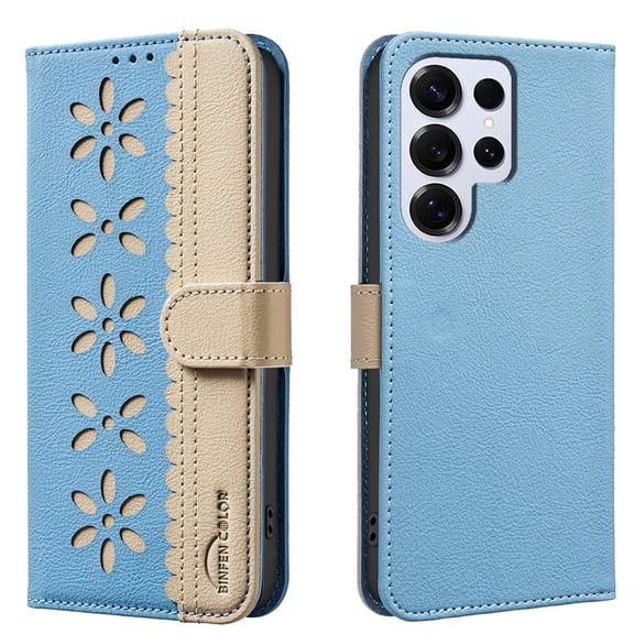 Allytechgroup Wallet Case for Samsung Galaxy S26 Ultra, PU Leather Case with Credit Card Slot Magnetic Closure Floral Cutout Shockproof Protective Back Cover for Samsung Galaxy S26 Ultra, Lightblue