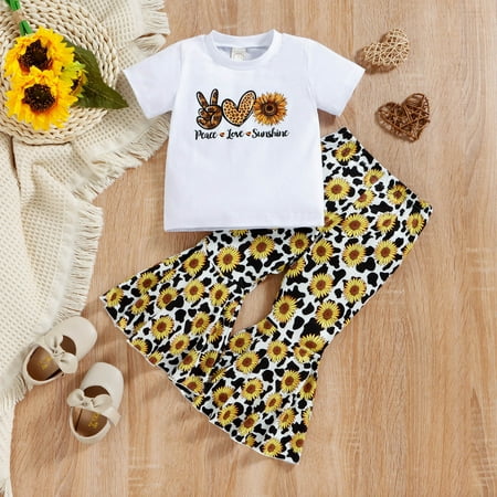 

QISIWOLE Toddler Kids Baby Boys Girls Fashion Cute Sunflower Print Short Sleeve Top Flared Pants Cotton Casual Suit Deals
