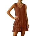 thumbnail image 7 of Women's Cotton Linen V Neck Sleeveless Mini Dress Babydoll Summer Cute Layered Ruffle Swing Tank Dress, 7 of 7