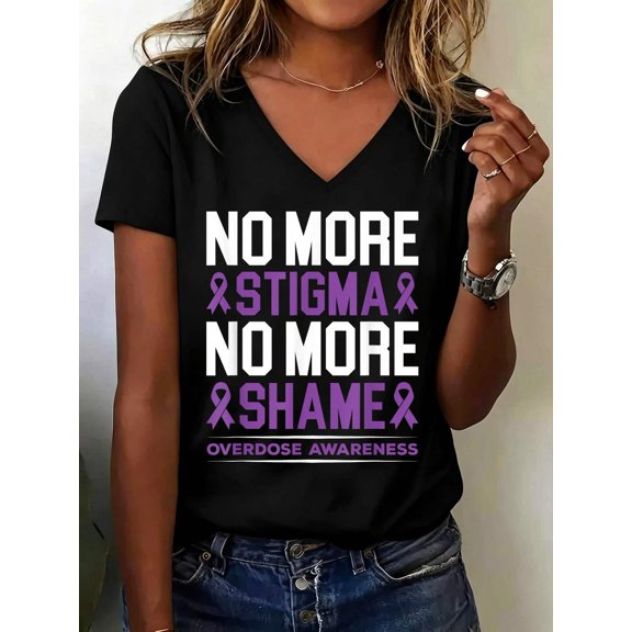 Overdose Awareness No More Stigma No More Shame Addiction V Neck T-Shirt Cotton Women's V Neck Graphic Tee, Casual Short Sleeve Shirt,Vacation Outfit