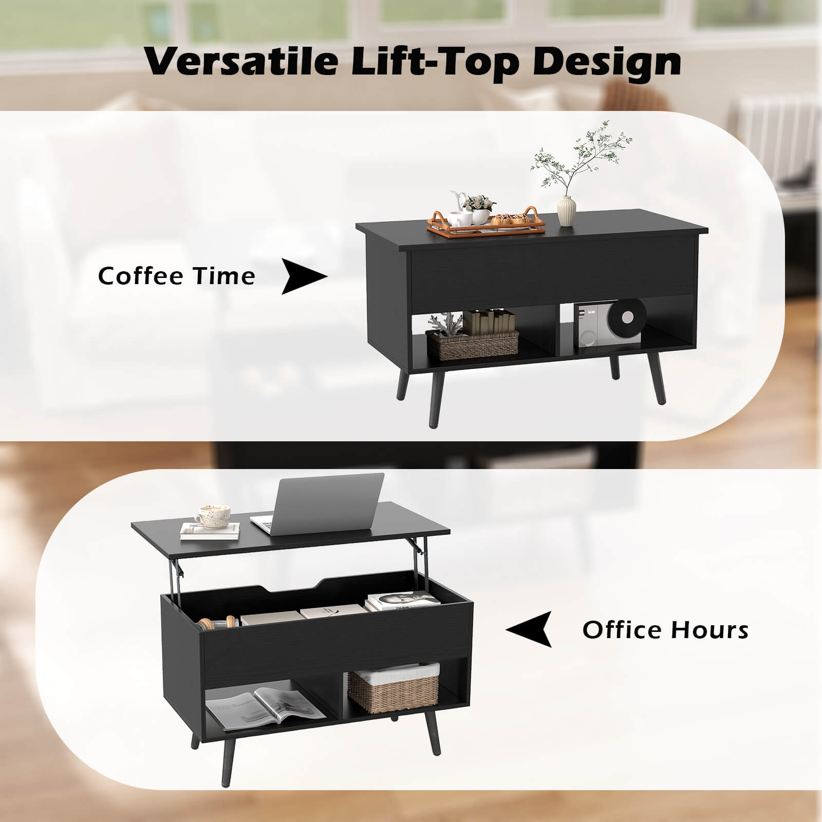 Costway Lift Top Coffee Table with Hidden Compartment Open Storage Shelves for Reception Black