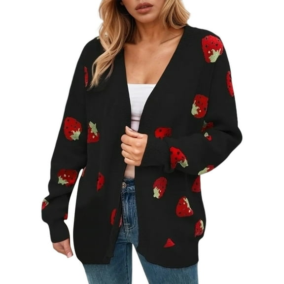 Sweaters for women Women's Knit Sweater Coat Long Sleeve Open Front Cardigan With Strawberry Jacquard Pattern Stylish Loose Fit Outwear For Fall Winter christmas sweater women