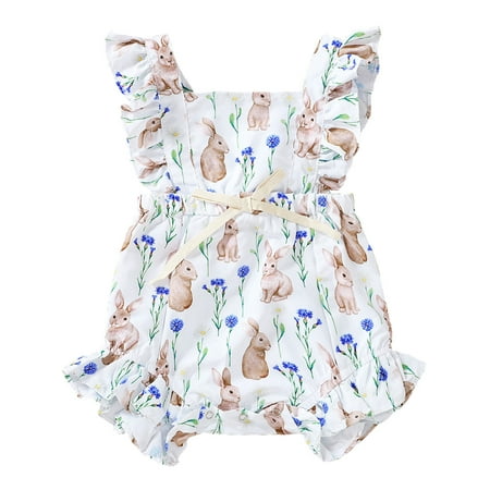 

Toddler Girls Easter Sleeveless Ruffled Romper Cartoon Rabbit Prints Summer Suspenders Jumpsuit