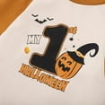 thumbnail image 6 of REDARER Halloween Pumpkin & Alphabet Print Romper - Long Sleeve Patchwork Pullover Jumpsuit, Soft Cotton Unisex Outfit with Contrast Sleeves,Size:9-12 Months, 6 of 7