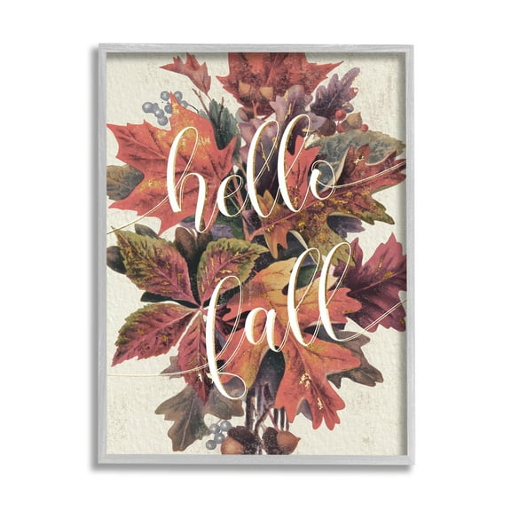 Stupell Industries Hello Fall Phrase Orange Autumn Leaf Pile Graphic Art Gray Framed Art Print Wall Art, 16x20, by Daphne Polselli