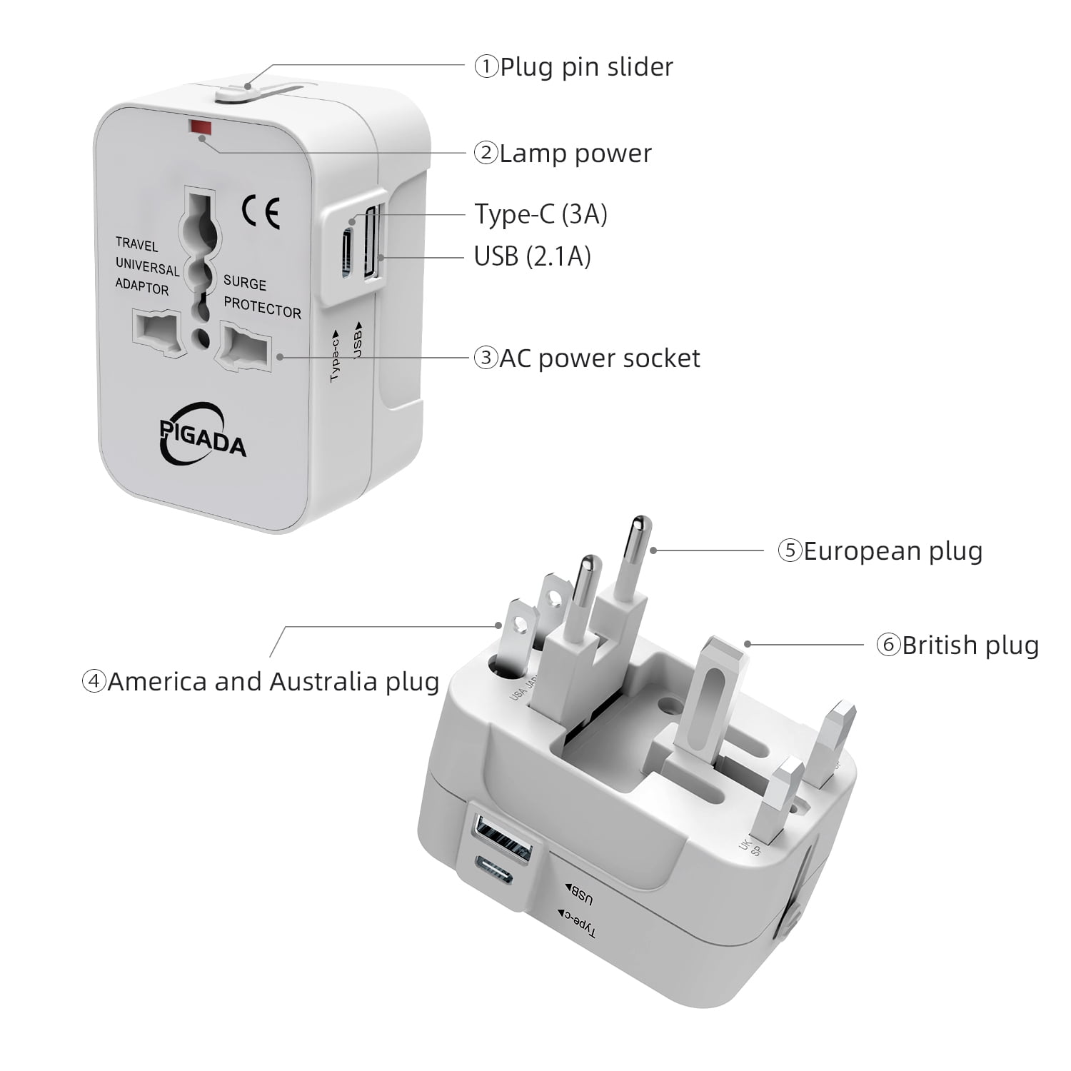 Universal Travel Adapter, International Plug Adapter with 2 USB Ports (1 USB C), PIGADA Worldwide Wall Charger AC Power Plug Converter Adaptor for US to EU UK AUS Asia