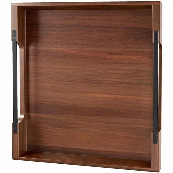 Large Ottoman Tray: 20 Square Acacia Wood Serving Tray with Metal Handles - Extra Large Decorative Tray for Coffee Table Breakfast in Bed Charcuterie Living Room Party