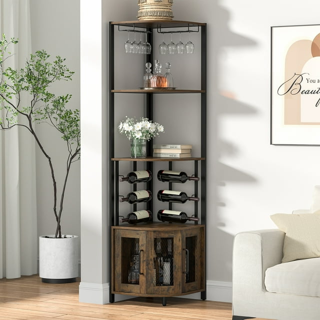 Eumyviv Corner Wine Cabinet , 5-Tiers Industrial Mesh Metal Wine Cabinet with Shelf Storage, Liquor Bar Cabinet, Rustic Brown, H0194