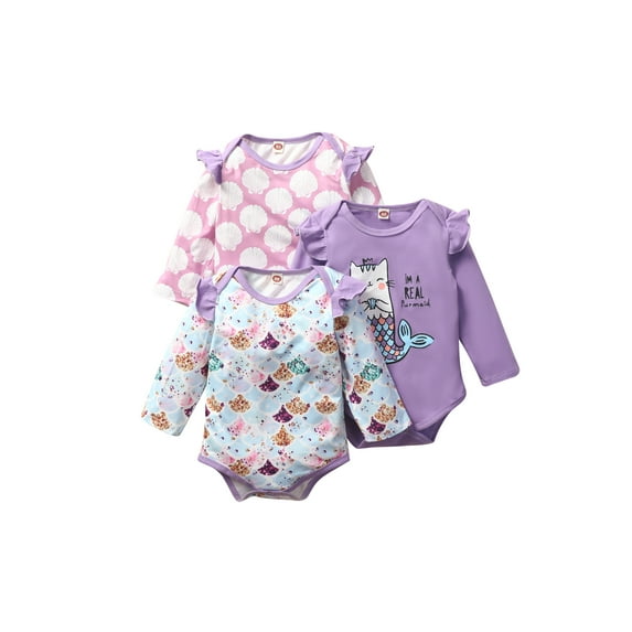 Seyurigaoka Baby Girls' 3 Pack Rompers Pattern Printed Long Sleeve Jumpsuits