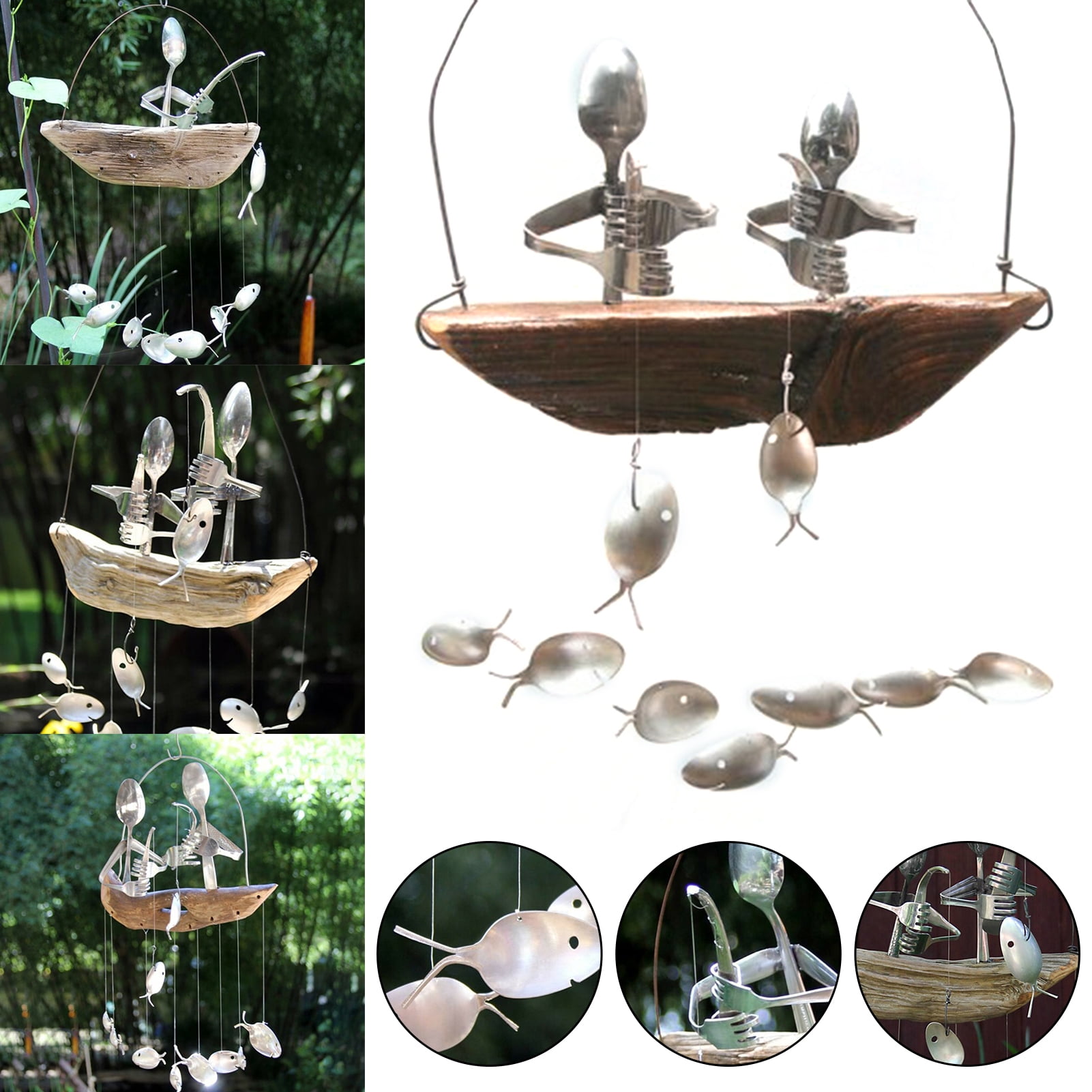 Fishing Man Spoon Fish Sculptures Wind Chime Indoor Outdoor Hanging  Ornament Decoration New