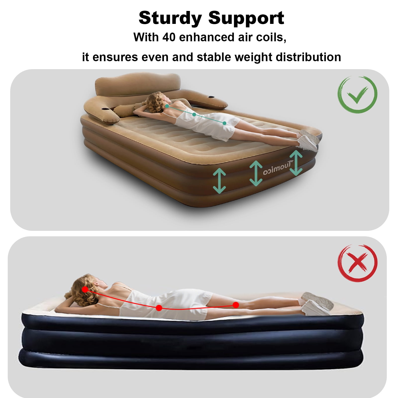 KFeng 18in Queen Brown Inflatable Air Mattress with Headboard,Built-in & Removable Pump,Camping & Home Use