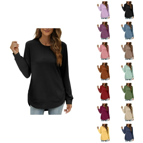 Lightweight Crewneck Sweatshirts for Women 2025 Long Sleeve Asymmetrical Hem Plain Sweatshirt Pullover Tops