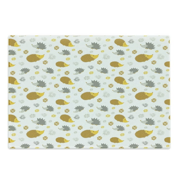 Hedgehog Cutting Board, Autumn in Woods Theme Different Wildlife Mascots with Little Flowers, Decorative Tempered Glass Cutting and Serving Board, Large Size, Earth Yellow and Grey, by Ambesonne