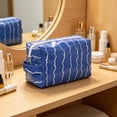 thumbnail image 3 of Wavy Pattern Pouch, Large Waterproof PVC Glossy Makeup Organizer, Portable Toiletry Cosmetic Bag For Travel Brush Storage(Royal Blue), 3 of 5