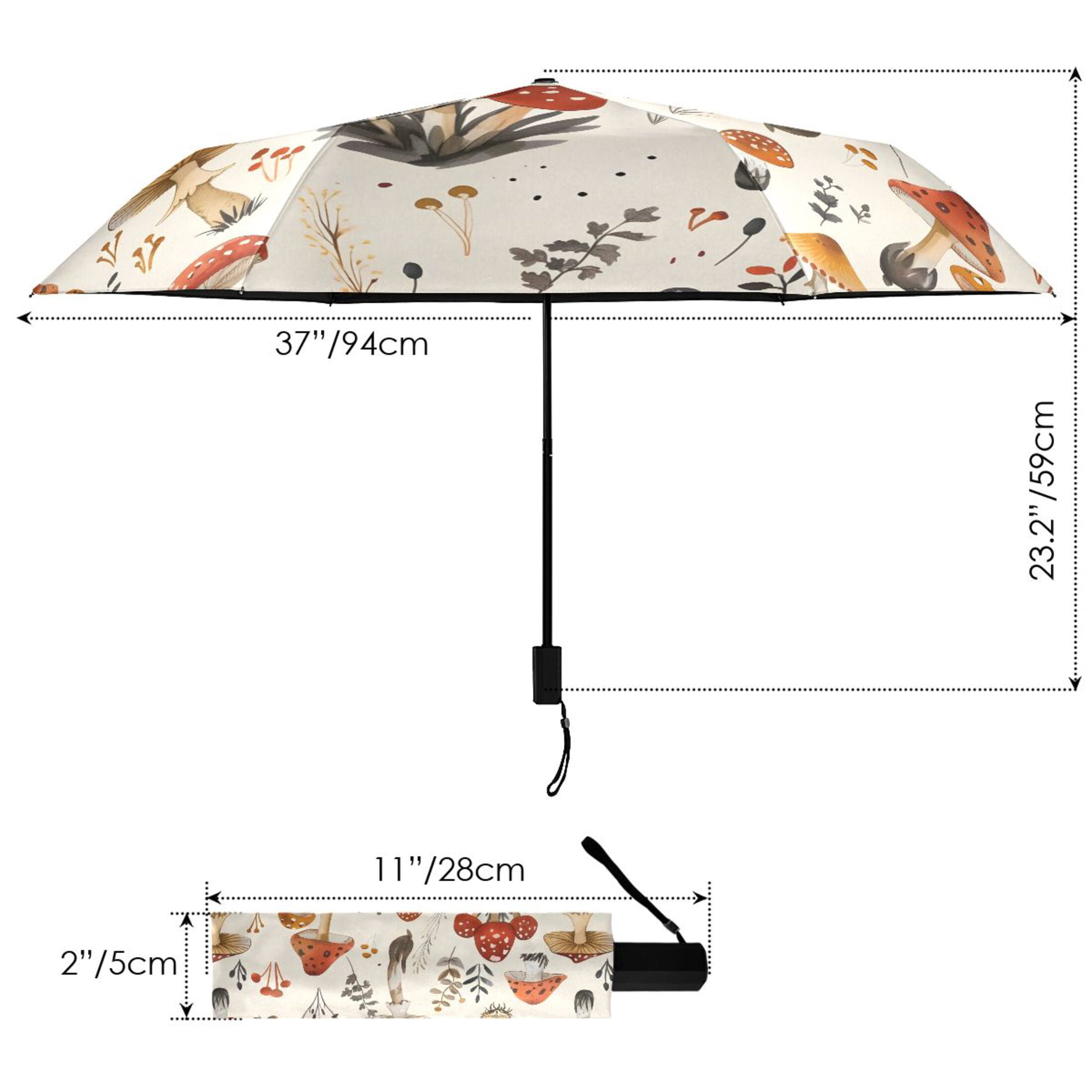 Mushroom Fallen Leaves Compact Sun Umbrella Windproof Travel Umbrellas for Rain Strong Portable UV Protection