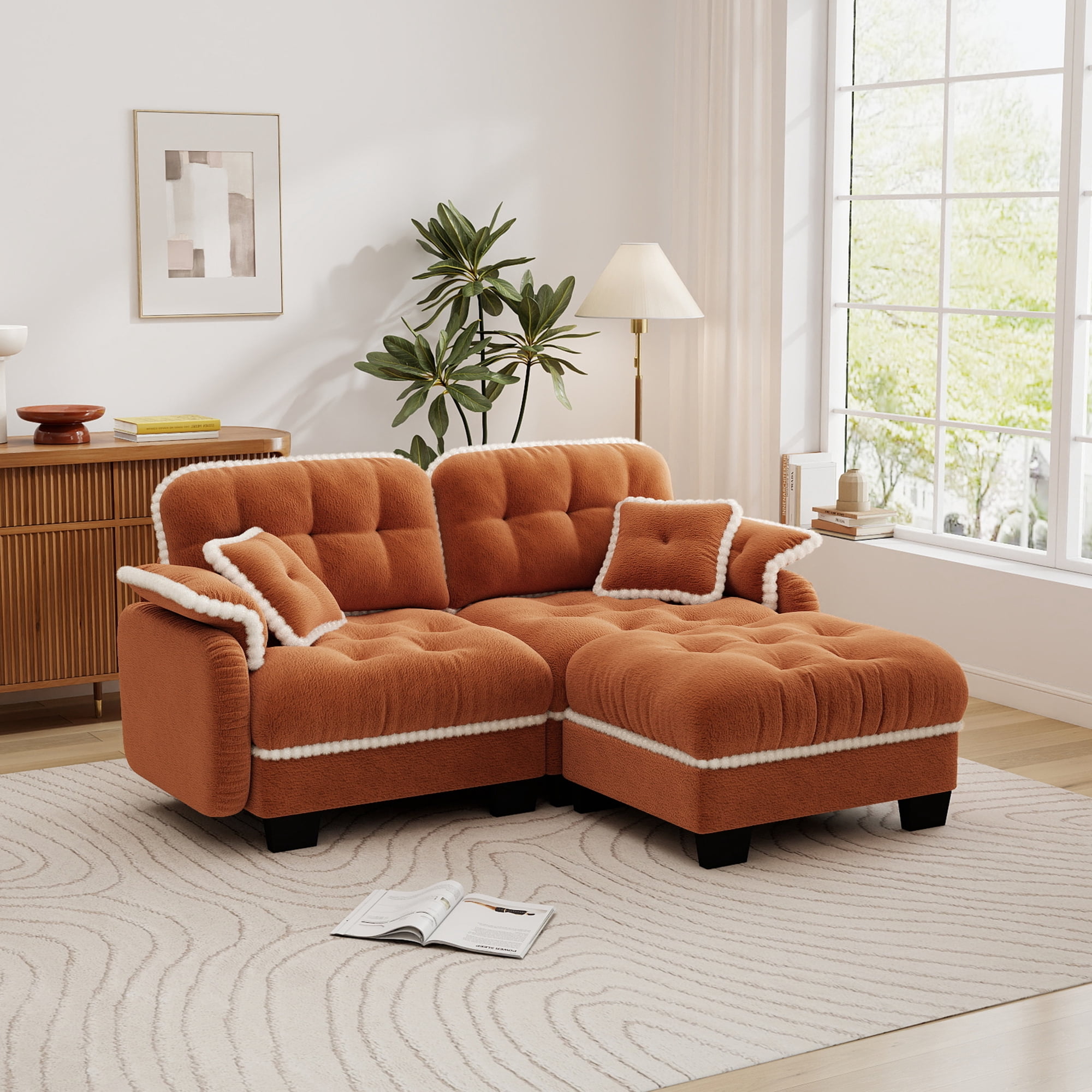 Aenkyo 70" Chenille Modular L-Shaped Sectional Sofa with Movable Ottoman, 23.8" Deep Seat, Orange