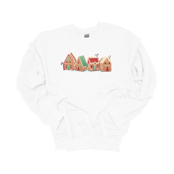 Womens Christmas Sweatshirt Gingerbread Houses Festive Holiday Crewneck Sweatshirt-White-medium