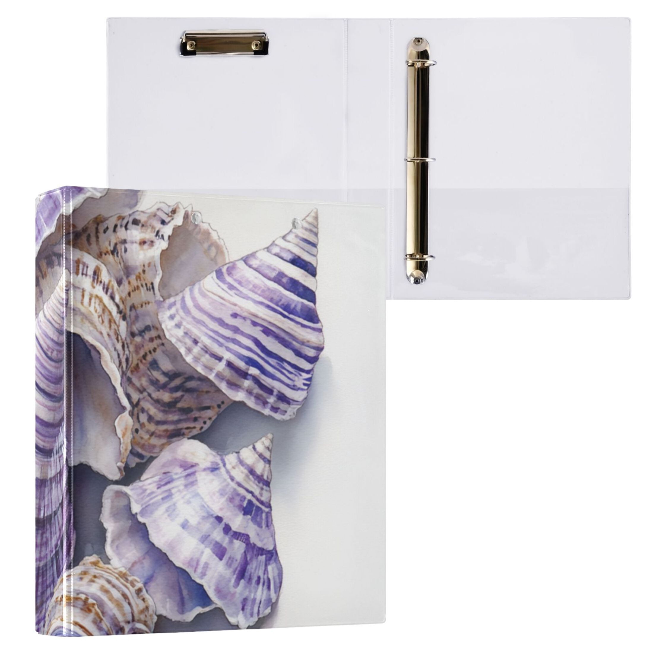 Stripe Shells Purple 3 Ring Binders 1.5 inch Hardcover File Folders with Interior Pockets A4 Size Organizer for School Office Hospital
