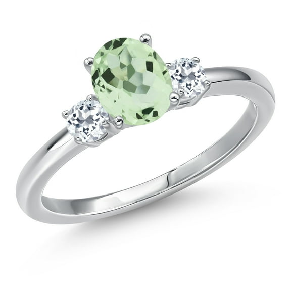 Gem Stone King 14K White Gold Green Prasiolite and White Topaz Engagement Ring for Women | 1.03 Cttw | Oval 7X5MM | Gemstone Birthstone | Size 6