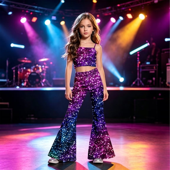FYDUU Pants for Girls Sequin Flared Leggings Fashion Print Performance Dance Pants for Kids Bell-Bottoms Party Wear Versatile Pant 11-12 Years