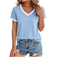 thumbnail image 3 of Tqcoqu Women's V Neck Contrast Trim Ringer T-Shirt,Short Sleeve Solid Color Casual Summer Tops,Light Blue Women's S-XXL, 3 of 9