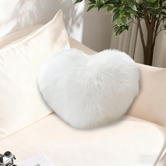 Faux Wool Heart-Shaped Pillow,Plushy Long-Pile Cushion for Girls,Cute Heart-Shaped Bedside Pillow,Cozy Decorative Throw Pillow for Living Room,Bedroom,Sofa,Valentine's Day Gift for Lovers-White