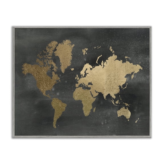 Stupell Industries Glam Black and Gold World Map Gray Framed Giclee Art, 14 x 11, by Jennifer Goldberger