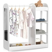 Glaf Kids Dress up Storage with Full Length Mirror, Kids Armoire Wardrobe Closet with 3-Tier Shelve, Clothes Rack and Bottom Tray, Opening Hanging Baby Wardrobe Closet for Nursery, Kids Room (White)