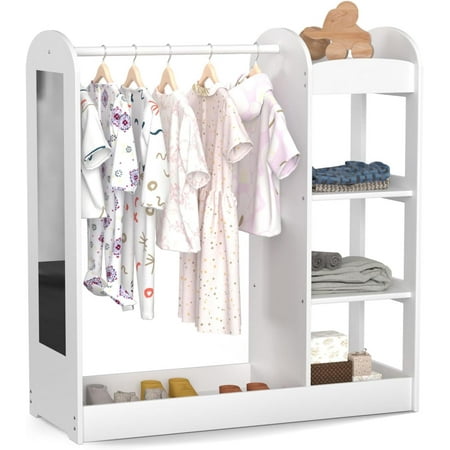 Glaf Kids Dress up Storage with Full Length Mirror, Kids Armoire Wardrobe Closet with 3-Tier Shelve, Clothes Rack and Bottom Tray, Opening Hanging Baby Wardrobe Closet for Nursery, Kids Room (White)