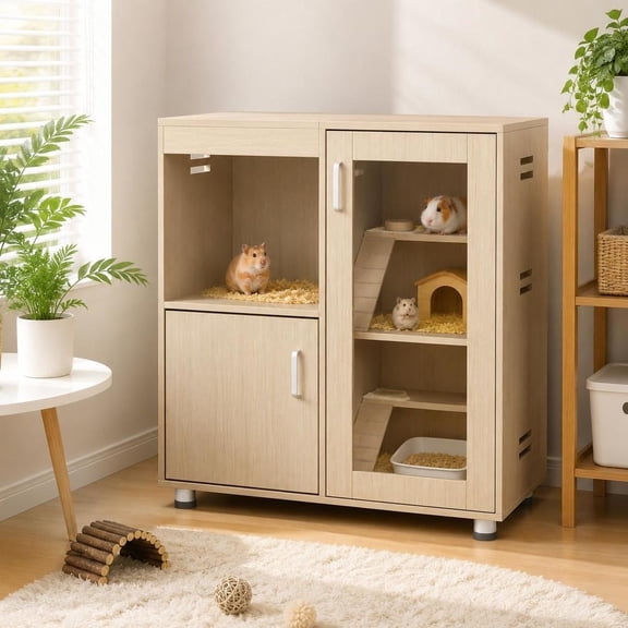 Hamster Cage, 4-Tier with Acrylic Windows, Storage Cabinet, Openable Top, Wood Pet Habitat for Hamsters, Guinea Pigs, Chinchillas