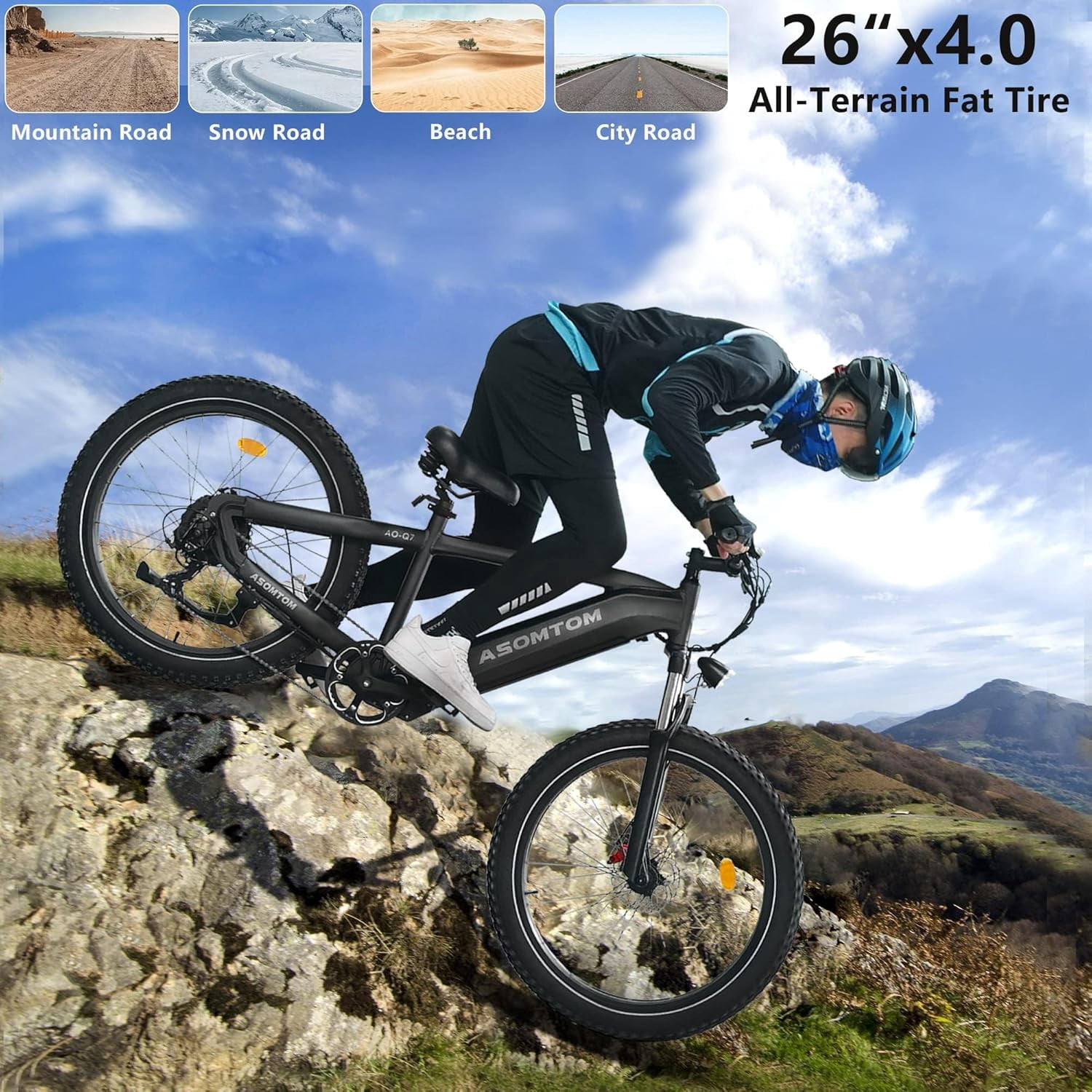 ASOMTOM ，26" x4.0 Fat Tire Electric Bike for Adults, 750W Motor 28+MPH, 48V 15Ah Removable Battery, Shimano 7-Speed, Suspension Fork, Cruise Control - Electric Mountain Bicycle