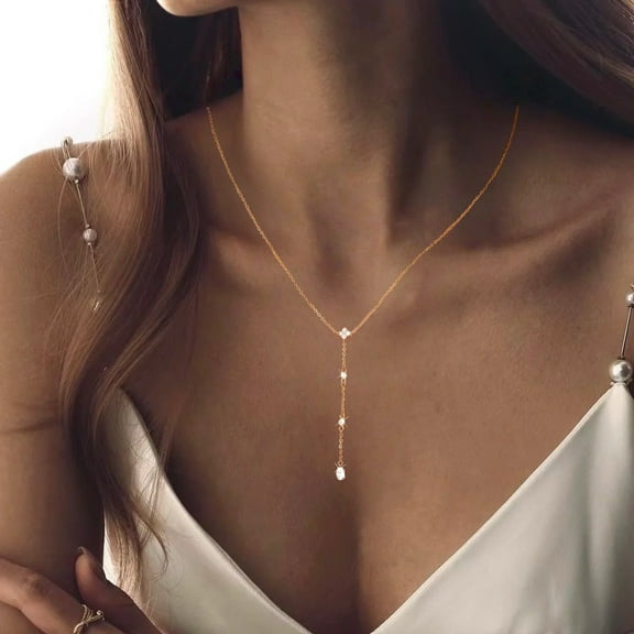SKQIT 14K Gold Plated Zircon Y Lariat Necklaces Long Drop CZ Pendant Y Necklace for Women Dainty Diamond Chain Necklace Fashion Jewelry