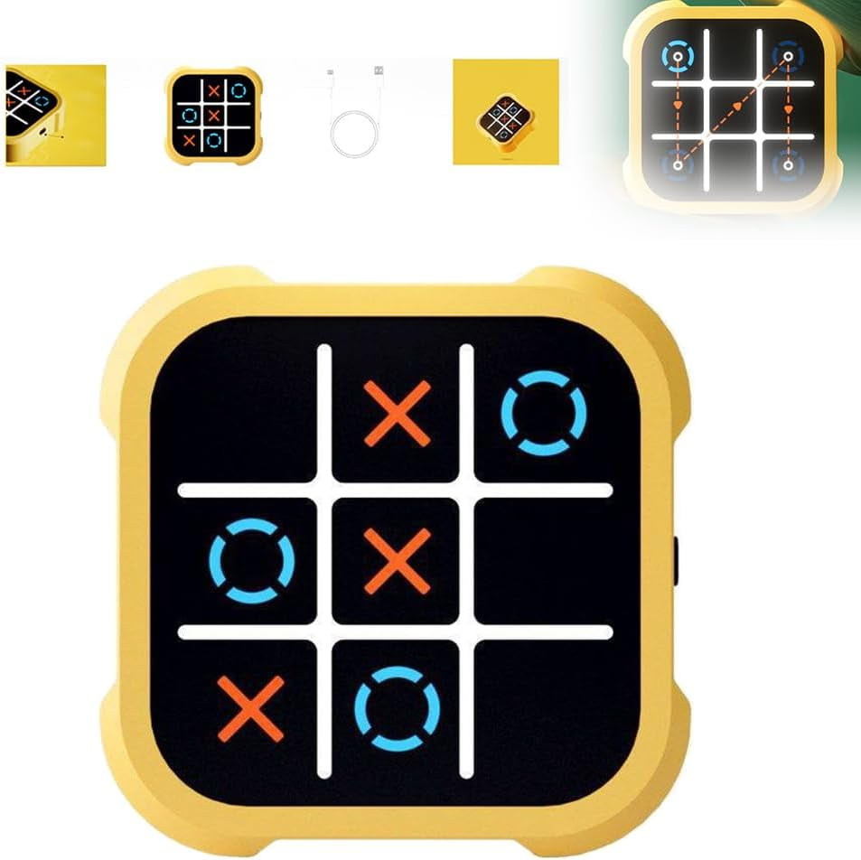 Focfundier Rechargeable Tic Tac Toe Game Box, Upgraded 5 Fun Brain And Memory Games, Compact Handheld Game Console, Portable Puzzle Travel Game Ideal Gifts For All Ages 3+ (Yellow