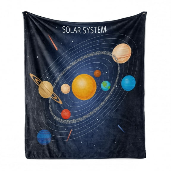 Astronomy Soft Flannel Fleece Throw Blanket, Celestial Cartoon Solar System Image with Planets and Sun Galaxy, Cozy Plush for Indoor and Outdoor Use, 50" x 70", Multicolor, by Ambesonne