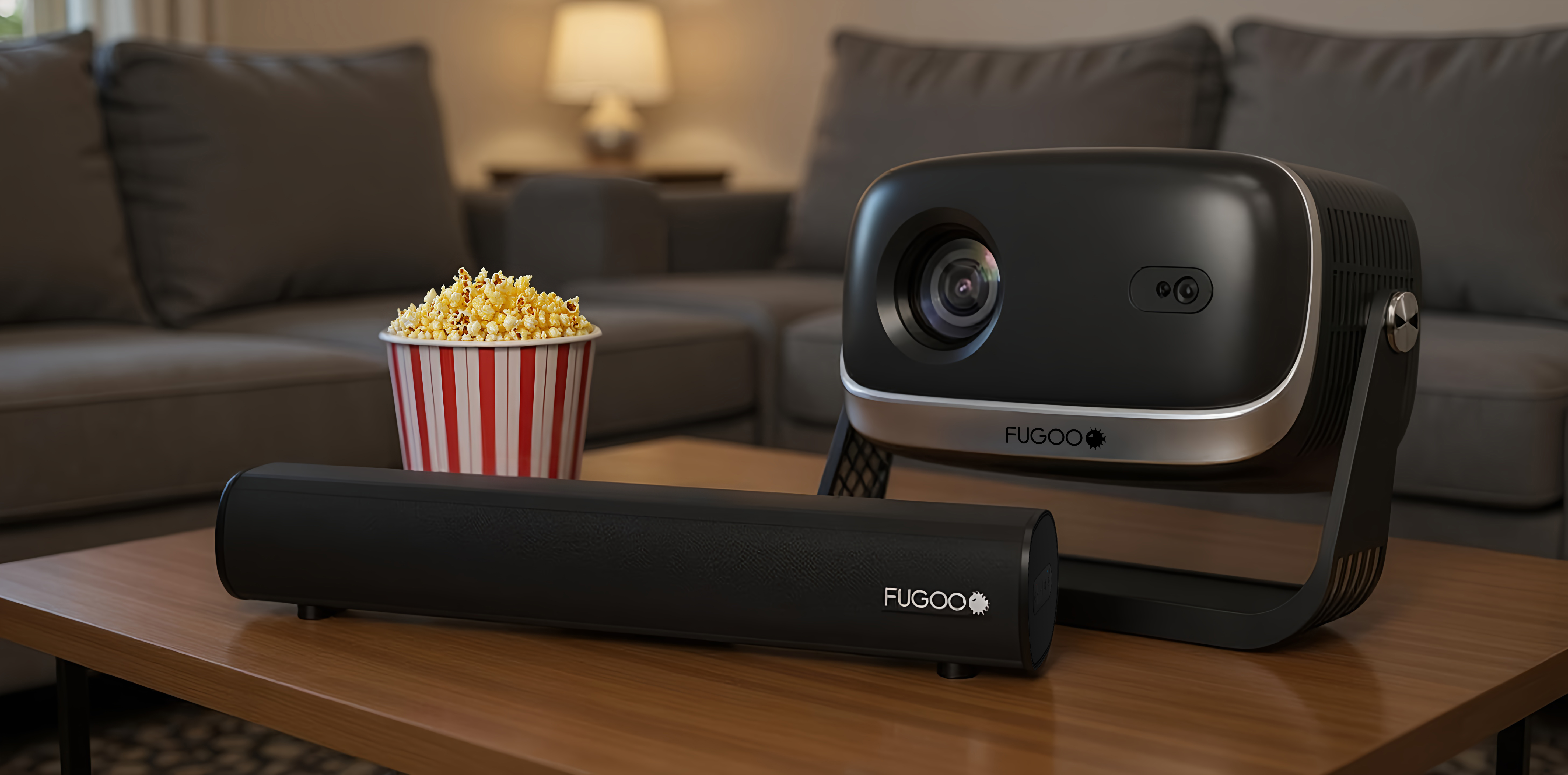 FUGOO OUTDOOR PROJECTOR & SOUNDBAR BUNDLE WITH TRIPOD & 120″ FOLDABLE SCREEN