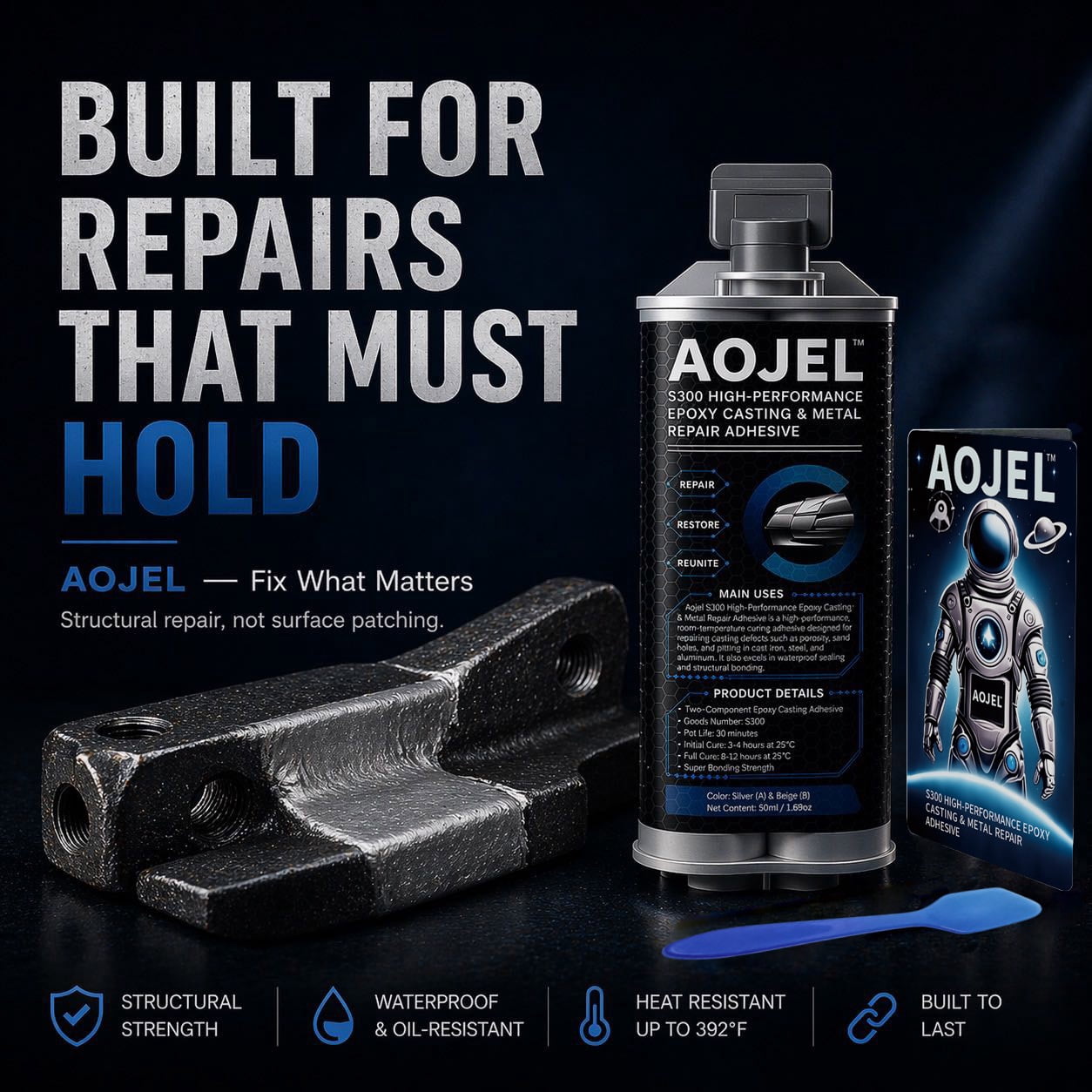 AOJEL S300 Metal Epoxy Adhesive, 2-Part Repair Glue for Metal & Aluminum, 2-Pack, 3.38 oz