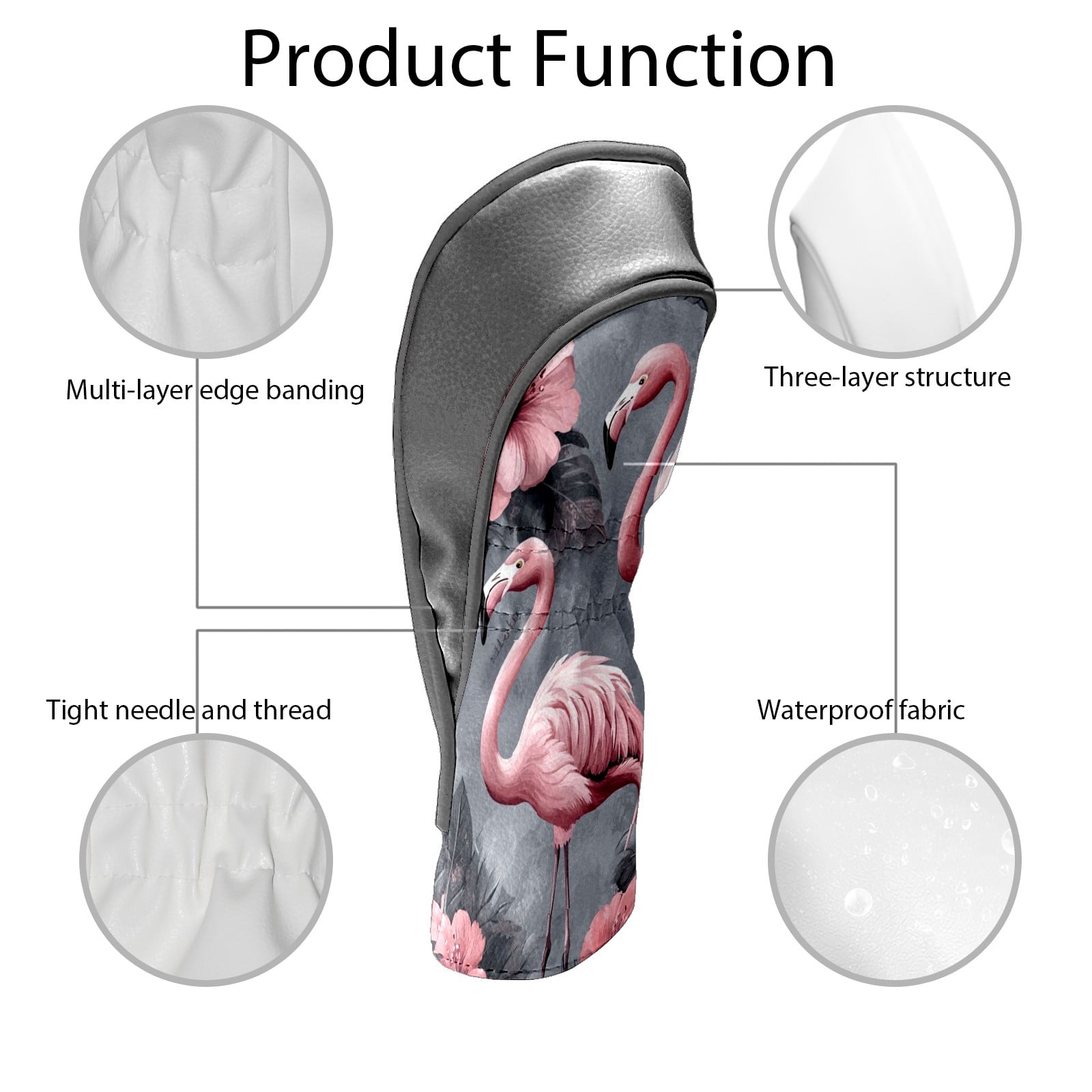 Golf Head Covers Flamingo & Flowers Design for Driver, Wood & Hybrid, Premium Waterproof PU Leather with Plush Lining, Tropical Golf Gifts