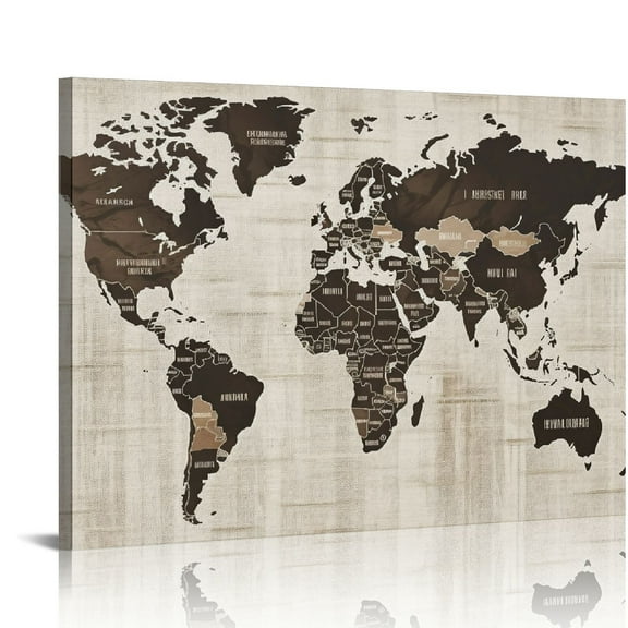 ONETECH World Map Canvas Wall Art Vintage Map of World Canvas Pictures Wall Decor Rustic Old Beige Brown Canvas Painting Artwork for Living Room Bedroom Office Wall Decoraitons Framed