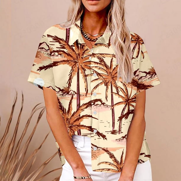 Fiudx Camisas de Mujer Top de Mujer con Cuello Redondo y Estampado Hawaiano, Camisa Informal de Manga Corta, Top/Camisa de Manga Corta con Cuello Redondo