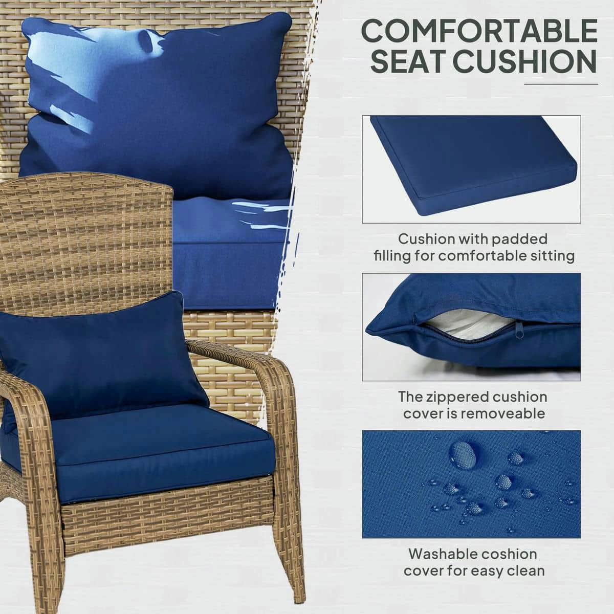 Spaco Patio Adirondack Chair with Rattan Wicker, Rattan Chair with Soft Cushions and Tall Curved Backrest for Outdoor, Dark Blue