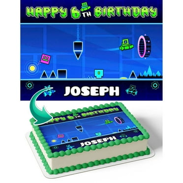 SugarMeLicious Geometry Dash Blue Gamer Edible Cake Image Topper, Personalized 1/4 Sheet Birthday Cake Banner for Parties