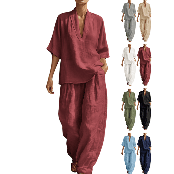 Xdegoge Linen Sets for Women Sleeveless Deep V Neck Tops and Wide Leg Matching with Pockets Plus Size Beach Casual Drawstring Vacation Outfits